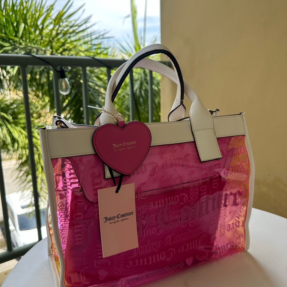 NWT Juicy Couture Heart-Print Beachin Large Tote Clear, Pink & Yellow